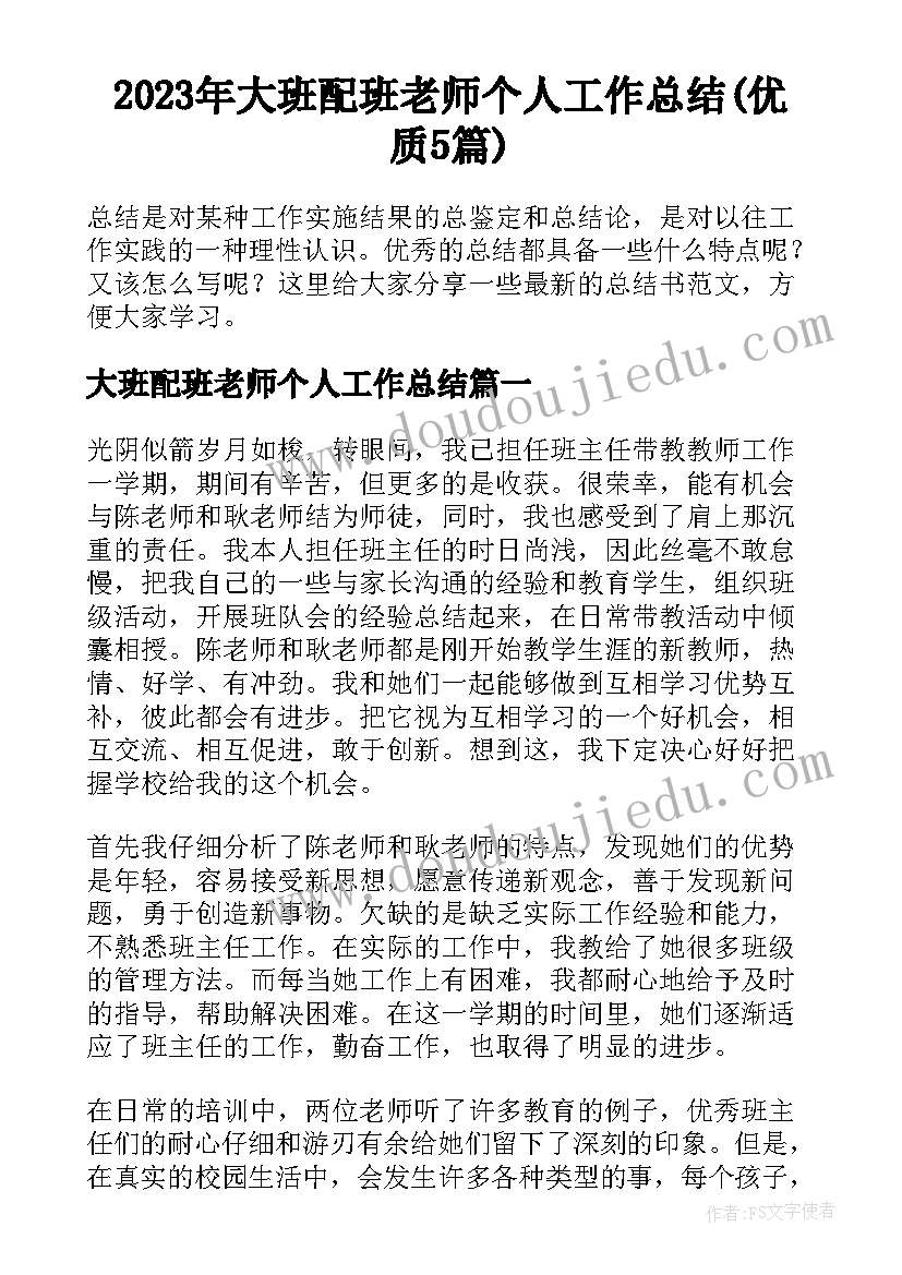 2023年大班配班老师个人工作总结(优质5篇)