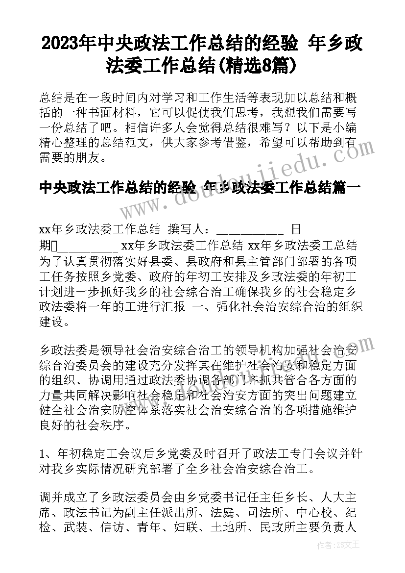 2023年中央政法工作总结的经验 年乡政法委工作总结(精选8篇)