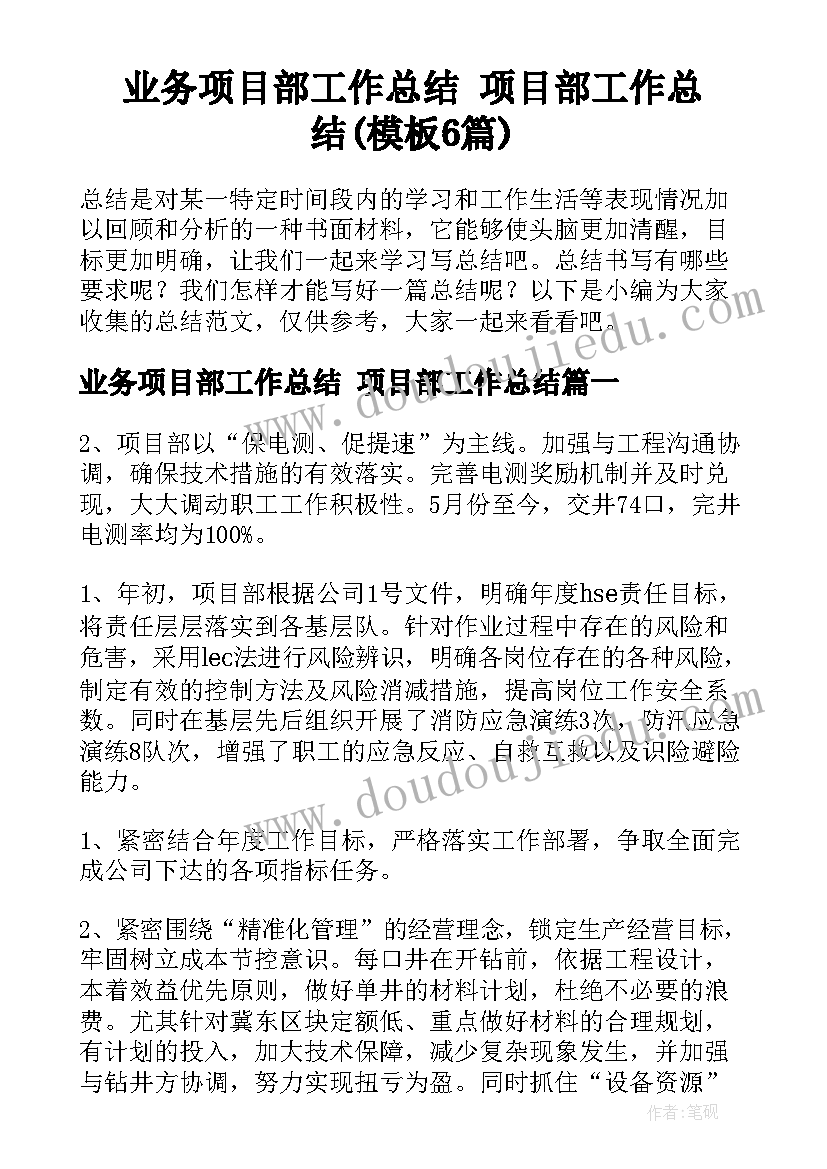 业务项目部工作总结 项目部工作总结(模板6篇)