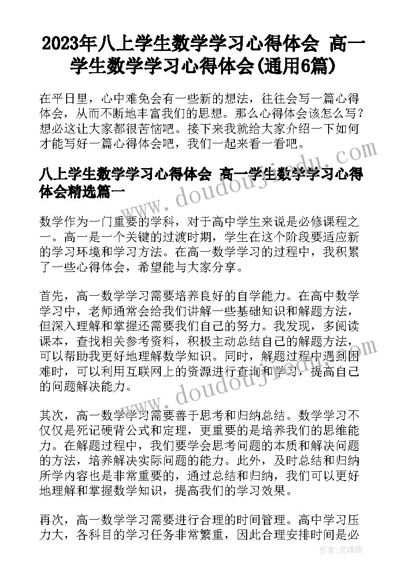 2023年八上学生数学学习心得体会 高一学生数学学习心得体会(通用6篇)