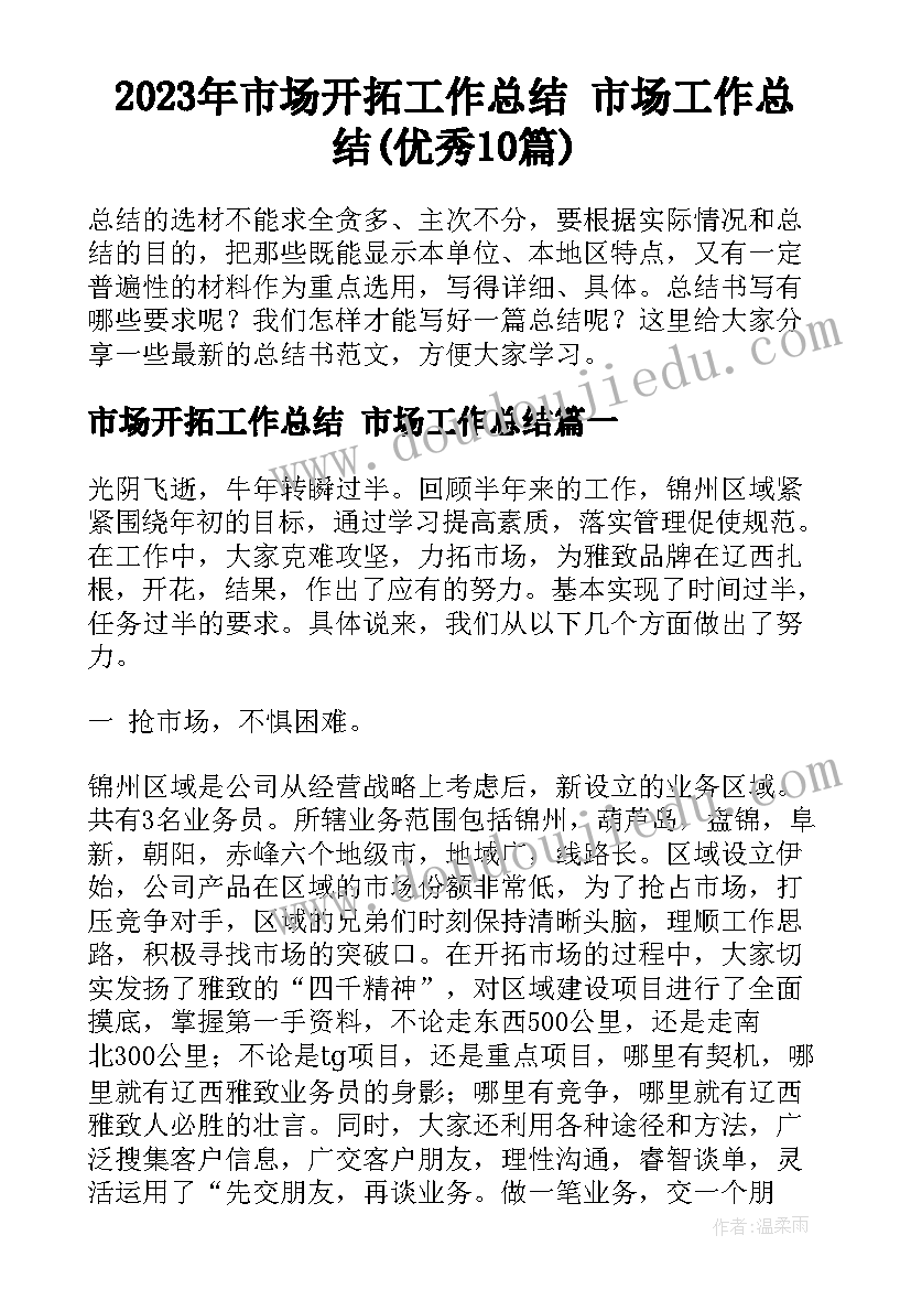 2023年市场开拓工作总结 市场工作总结(优秀10篇)