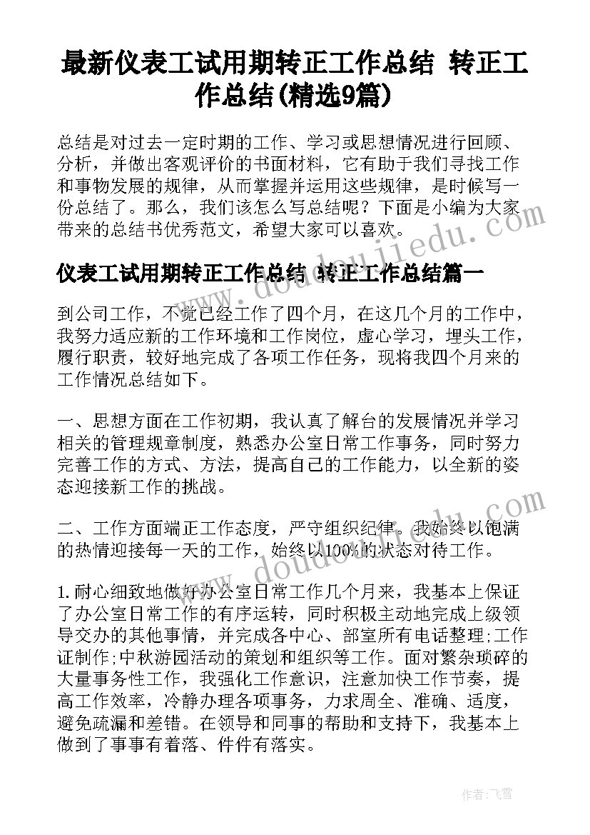 最新仪表工试用期转正工作总结 转正工作总结(精选9篇)