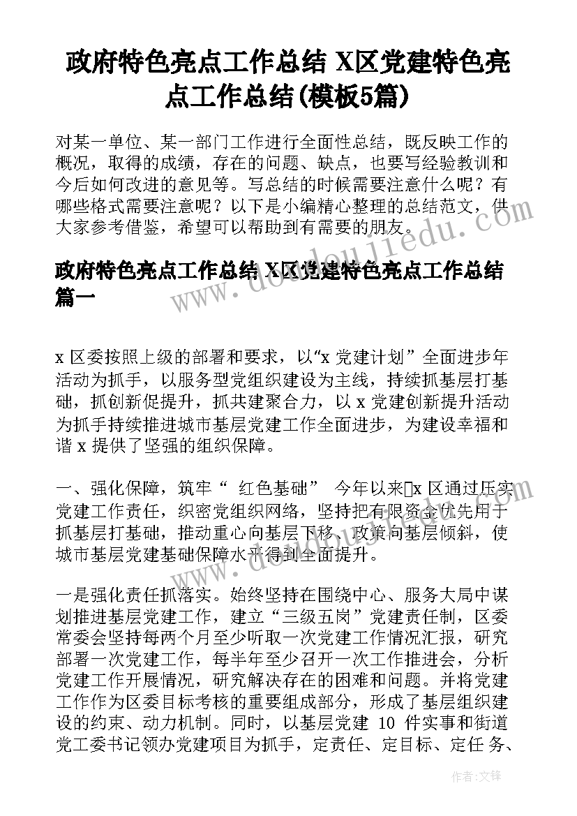 政府特色亮点工作总结 X区党建特色亮点工作总结(模板5篇)