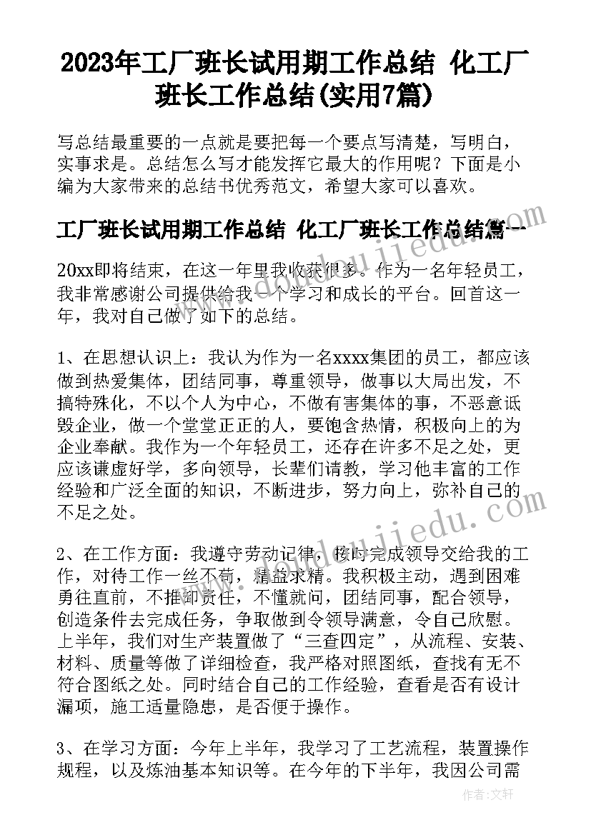 2023年工厂班长试用期工作总结 化工厂班长工作总结(实用7篇)