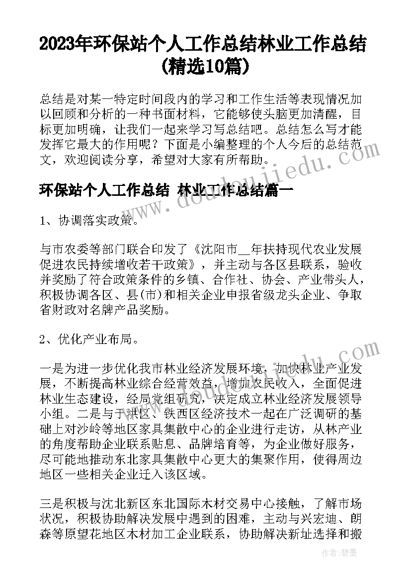 2023年环保站个人工作总结 林业工作总结(精选10篇)