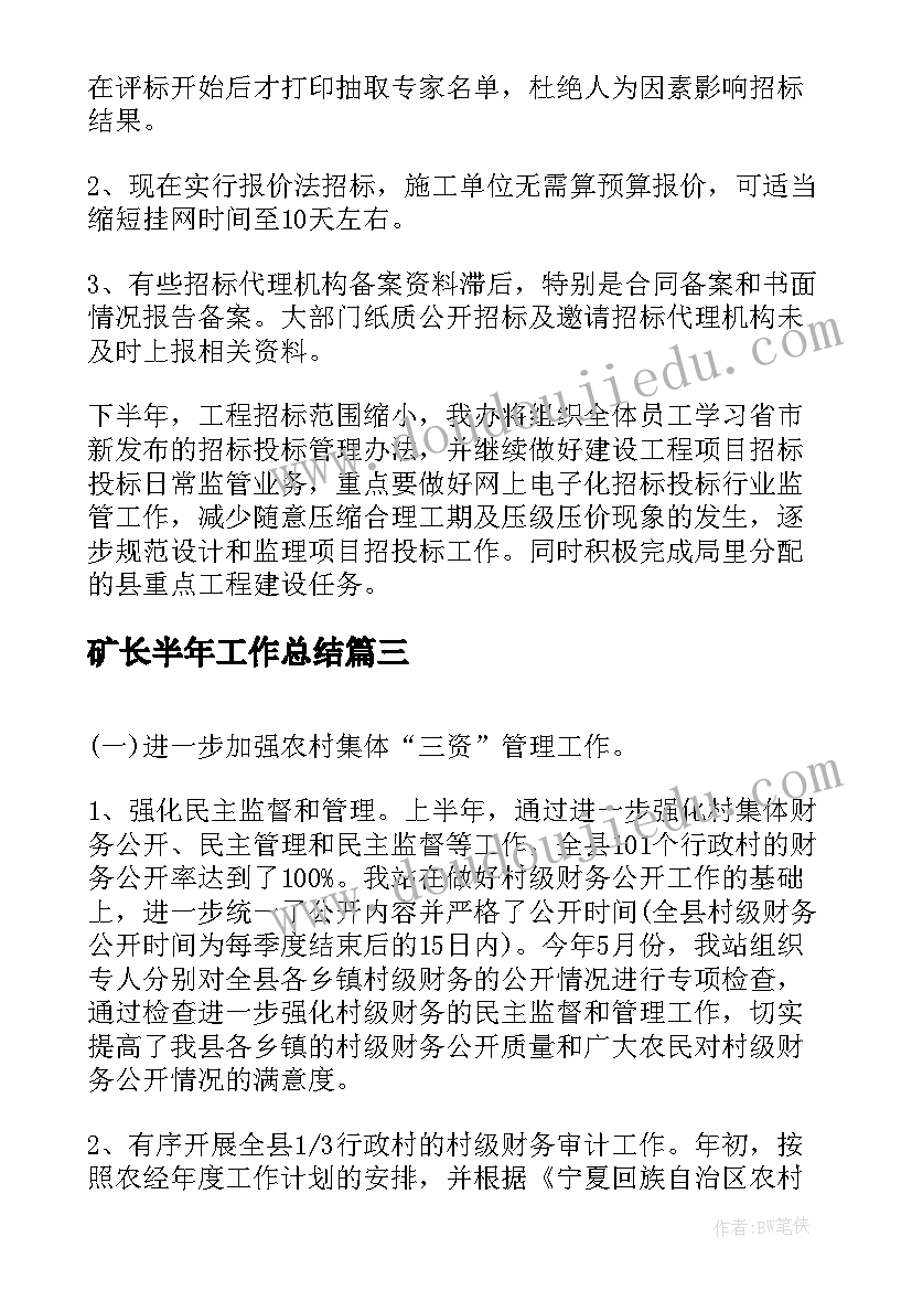 最新矿长半年工作总结(精选6篇)