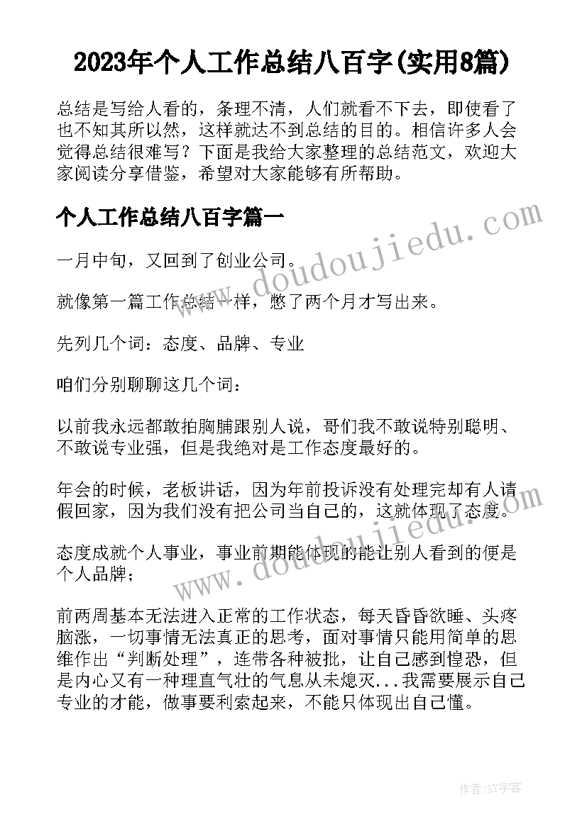 2023年个人工作总结八百字(实用8篇)