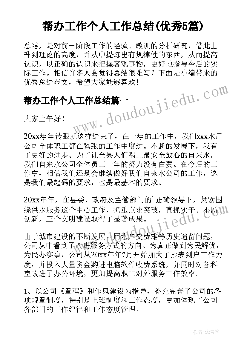 帮办工作个人工作总结(优秀5篇)