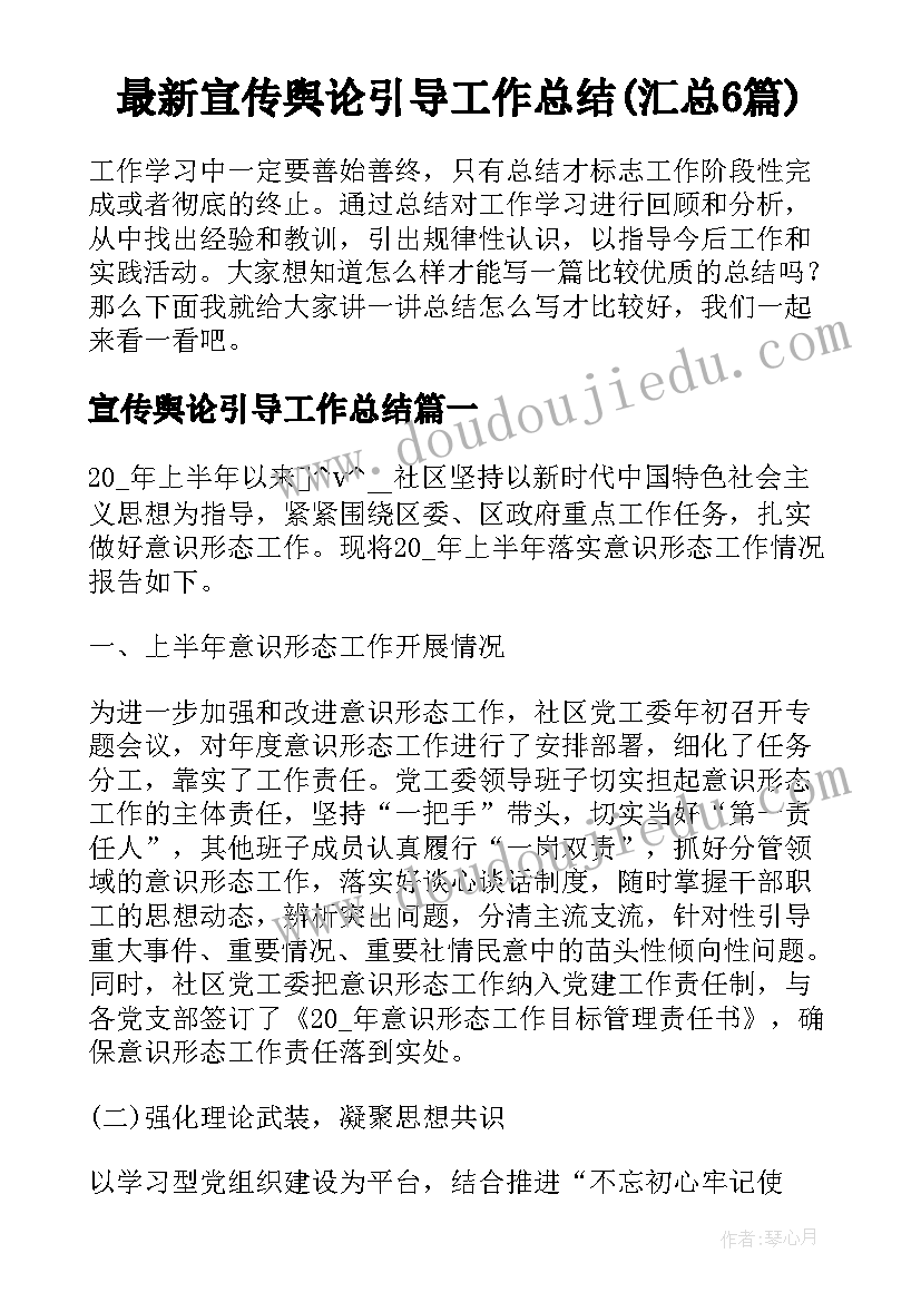 最新宣传舆论引导工作总结(汇总6篇)