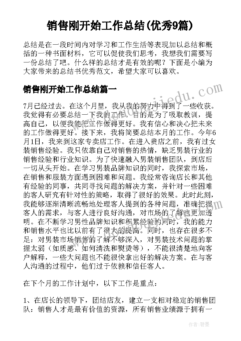 销售刚开始工作总结(优秀9篇)