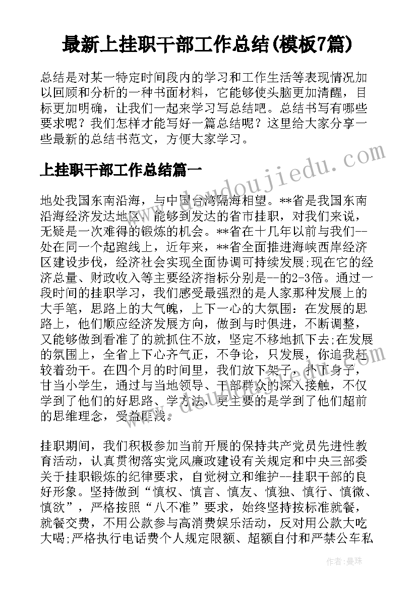 最新上挂职干部工作总结(模板7篇)