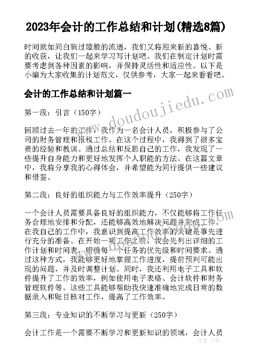 2023年会计的工作总结和计划(精选8篇)