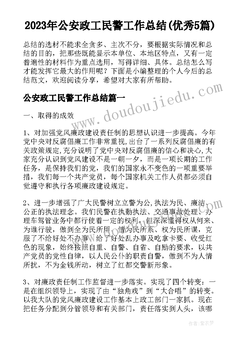 2023年公安政工民警工作总结(优秀5篇)