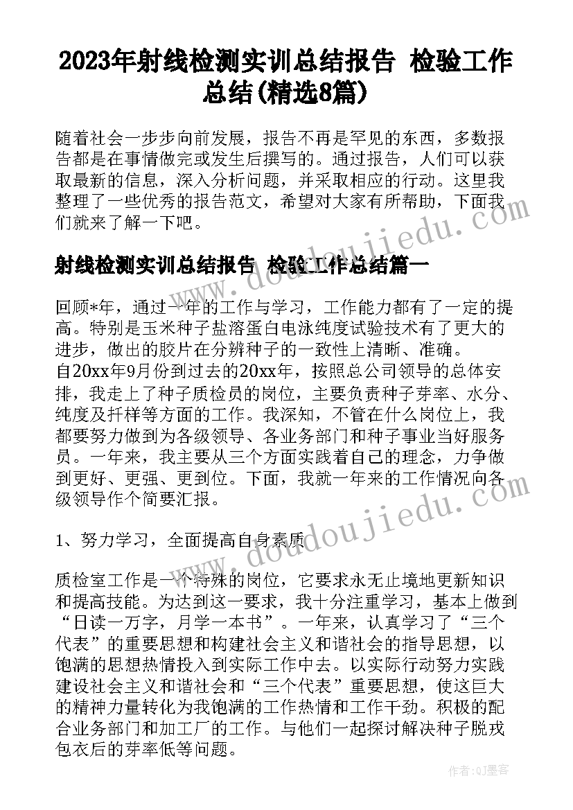 2023年射线检测实训总结报告 检验工作总结(精选8篇)