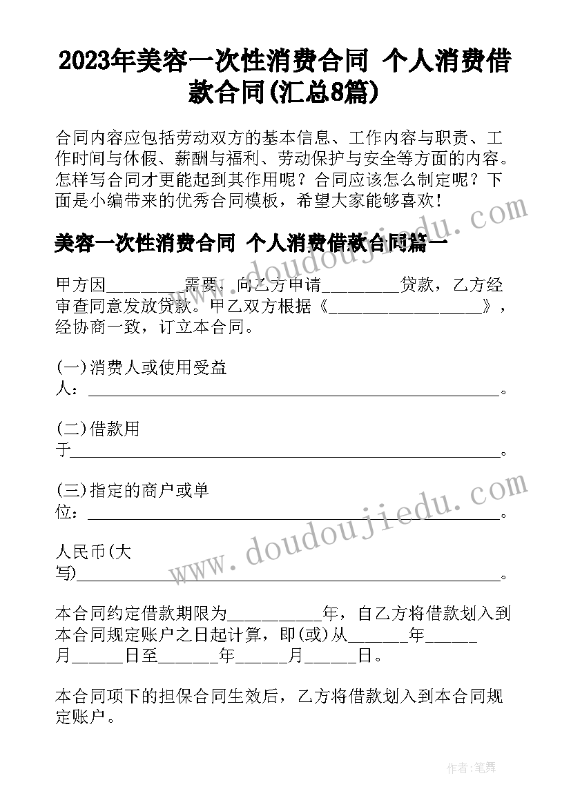 2023年美容一次性消费合同 个人消费借款合同(汇总8篇)