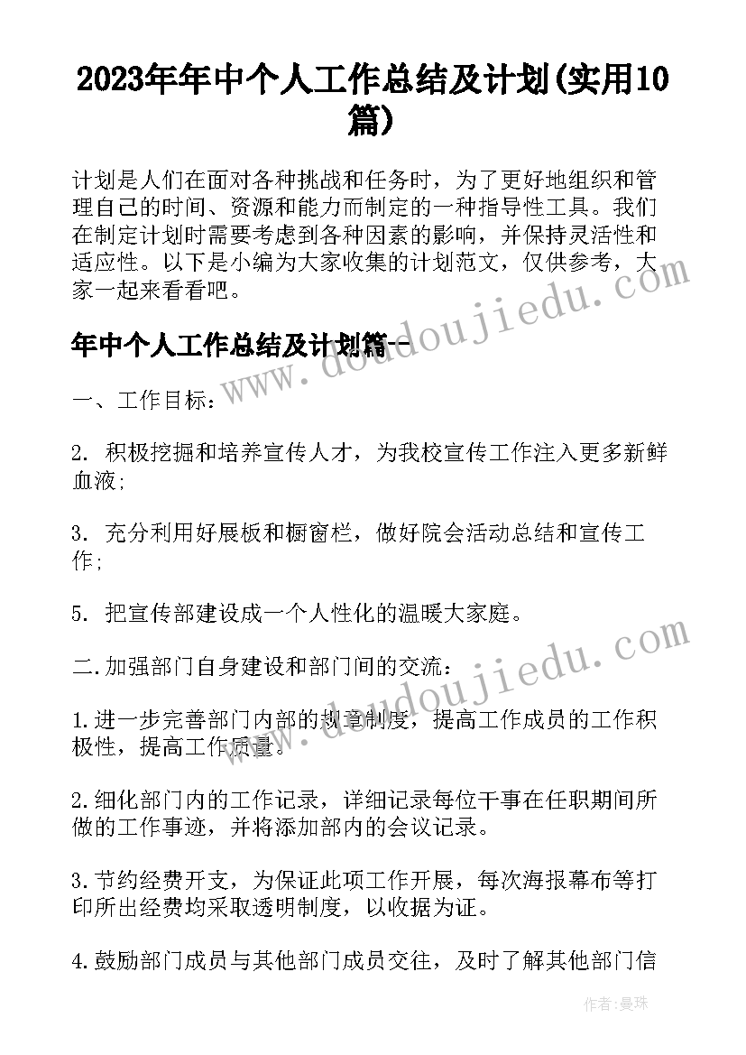 2023年年中个人工作总结及计划(实用10篇)