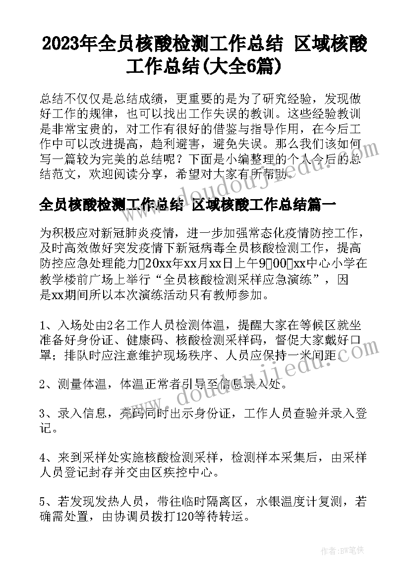 2023年全员核酸检测工作总结 区域核酸工作总结(大全6篇)