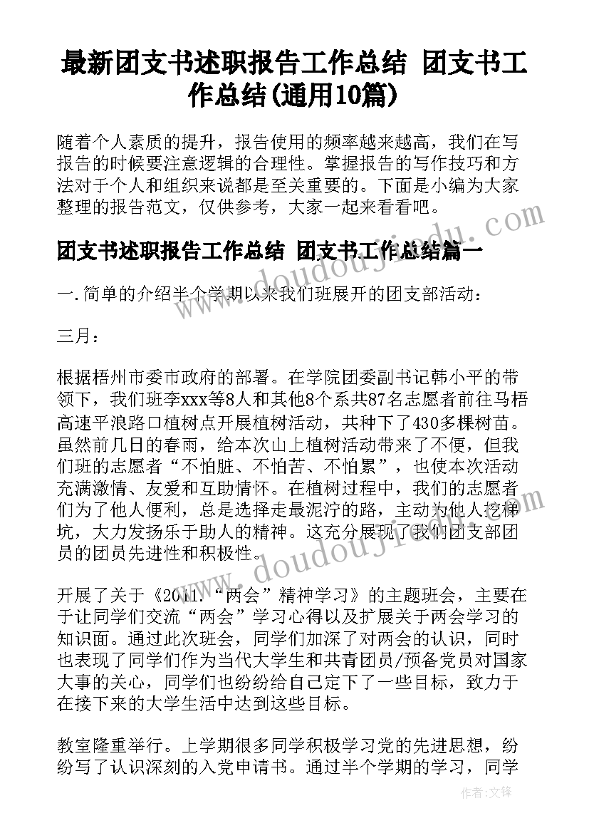 最新团支书述职报告工作总结 团支书工作总结(通用10篇)