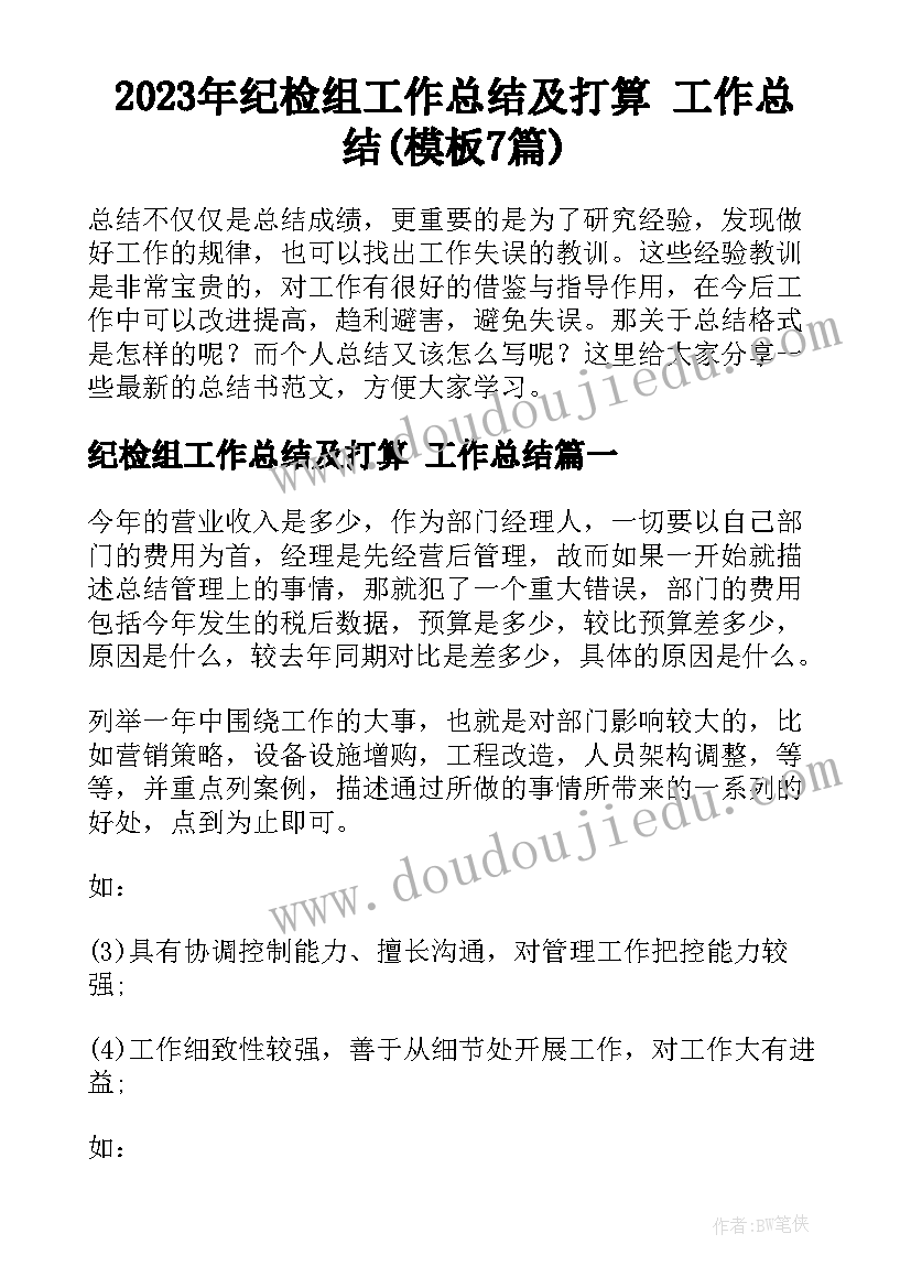 2023年纪检组工作总结及打算 工作总结(模板7篇)