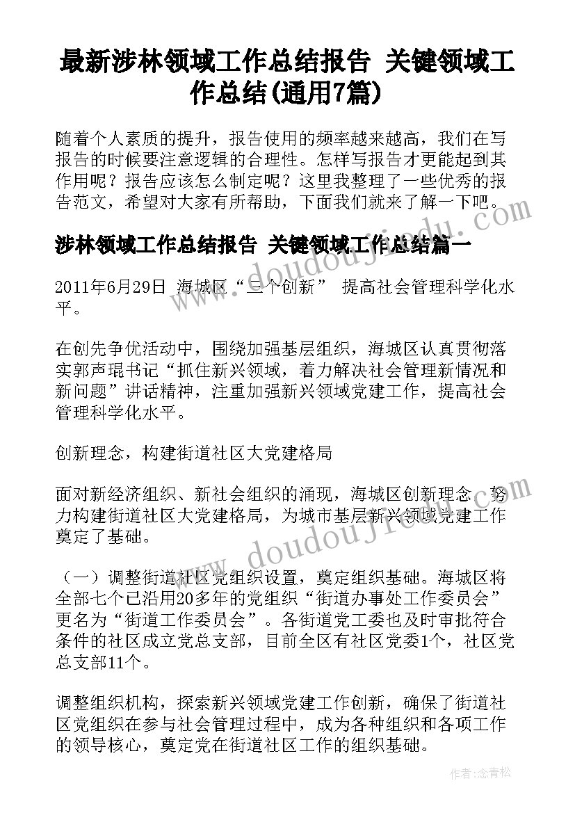 最新涉林领域工作总结报告 关键领域工作总结(通用7篇)