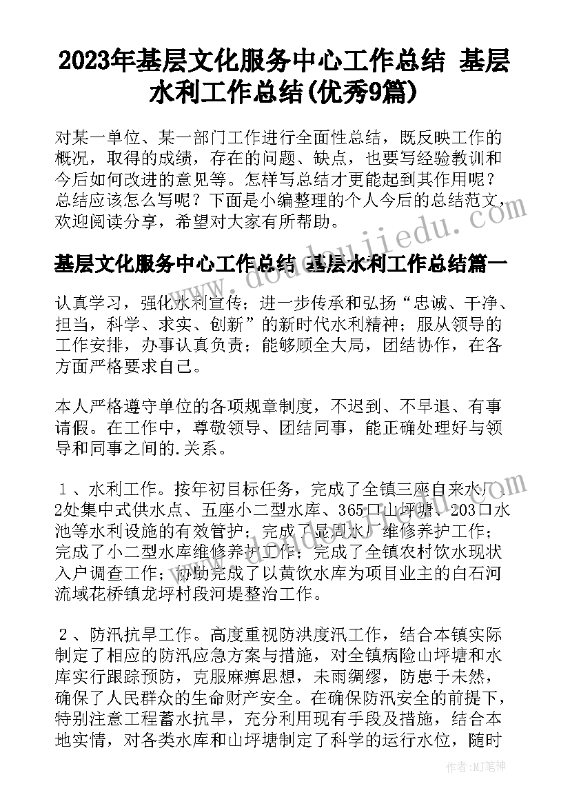 2023年基层文化服务中心工作总结 基层水利工作总结(优秀9篇)