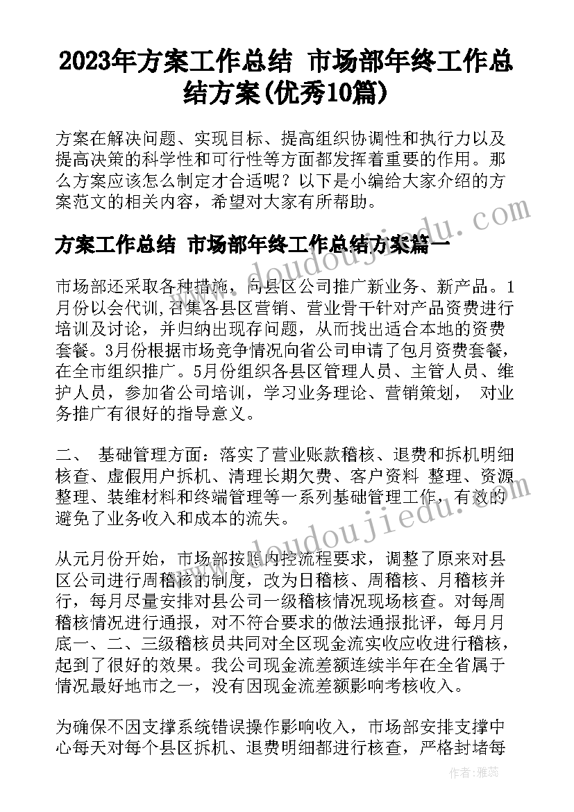 2023年方案工作总结 市场部年终工作总结方案(优秀10篇)