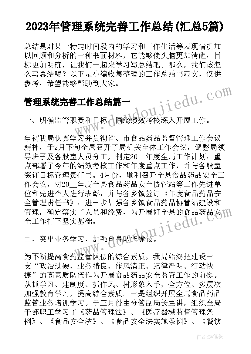 2023年管理系统完善工作总结(汇总5篇)