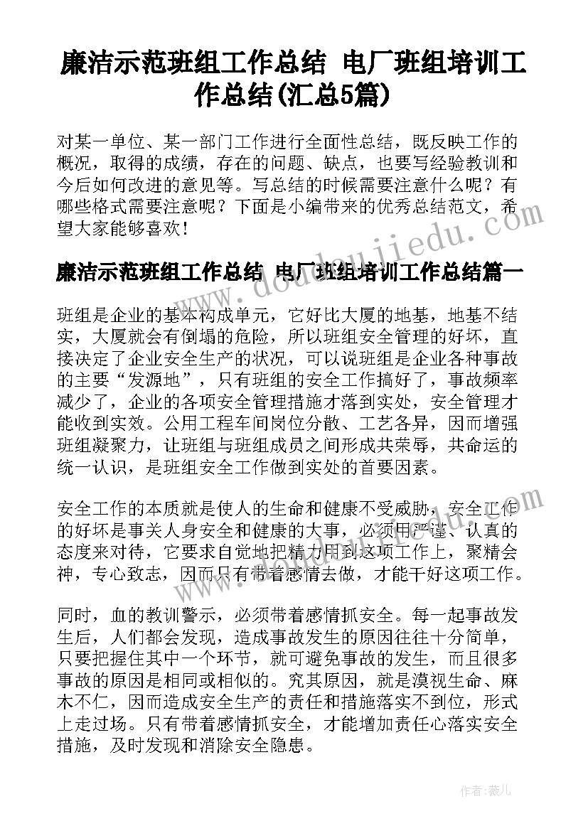 廉洁示范班组工作总结 电厂班组培训工作总结(汇总5篇)