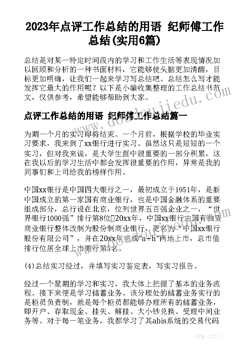 2023年点评工作总结的用语 纪师傅工作总结(实用6篇)