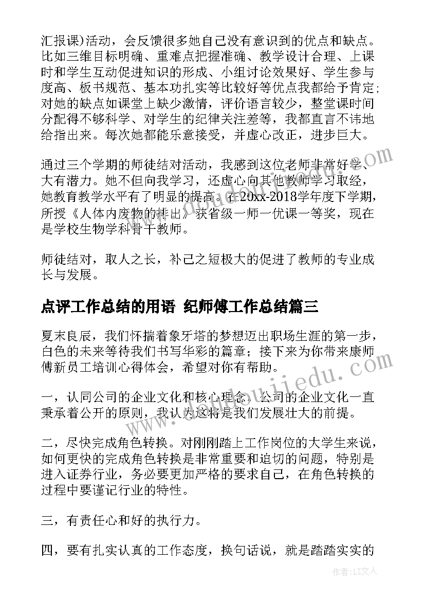 2023年点评工作总结的用语 纪师傅工作总结(实用6篇)