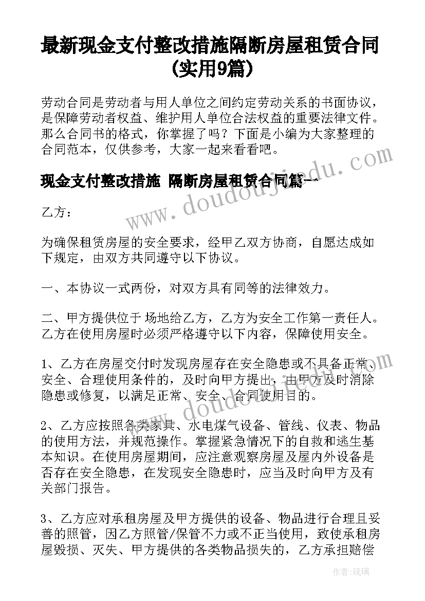 最新现金支付整改措施 隔断房屋租赁合同(实用9篇)