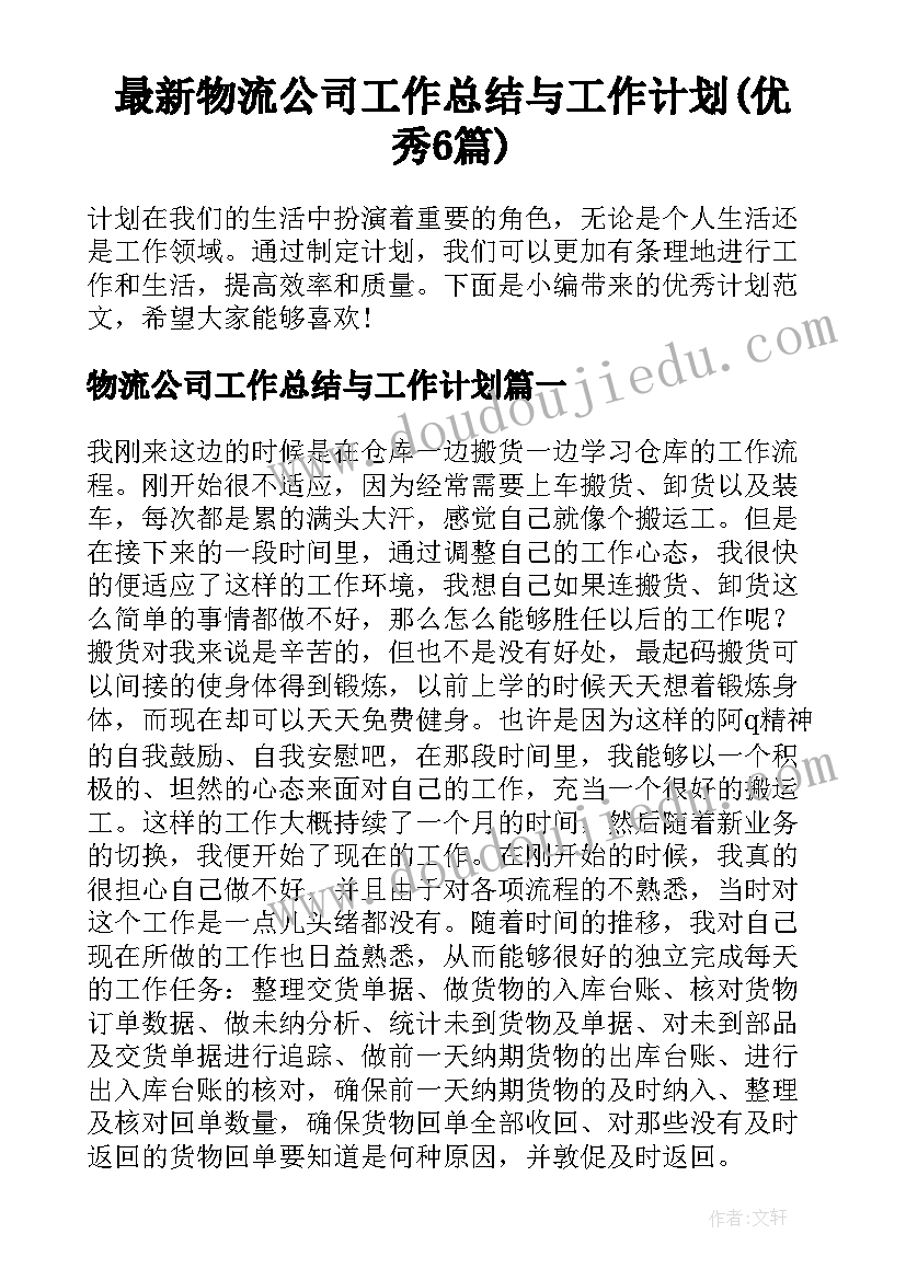 最新物流公司工作总结与工作计划(优秀6篇)