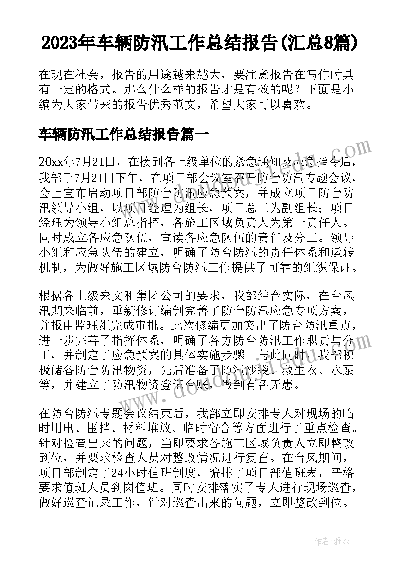 2023年车辆防汛工作总结报告(汇总8篇)