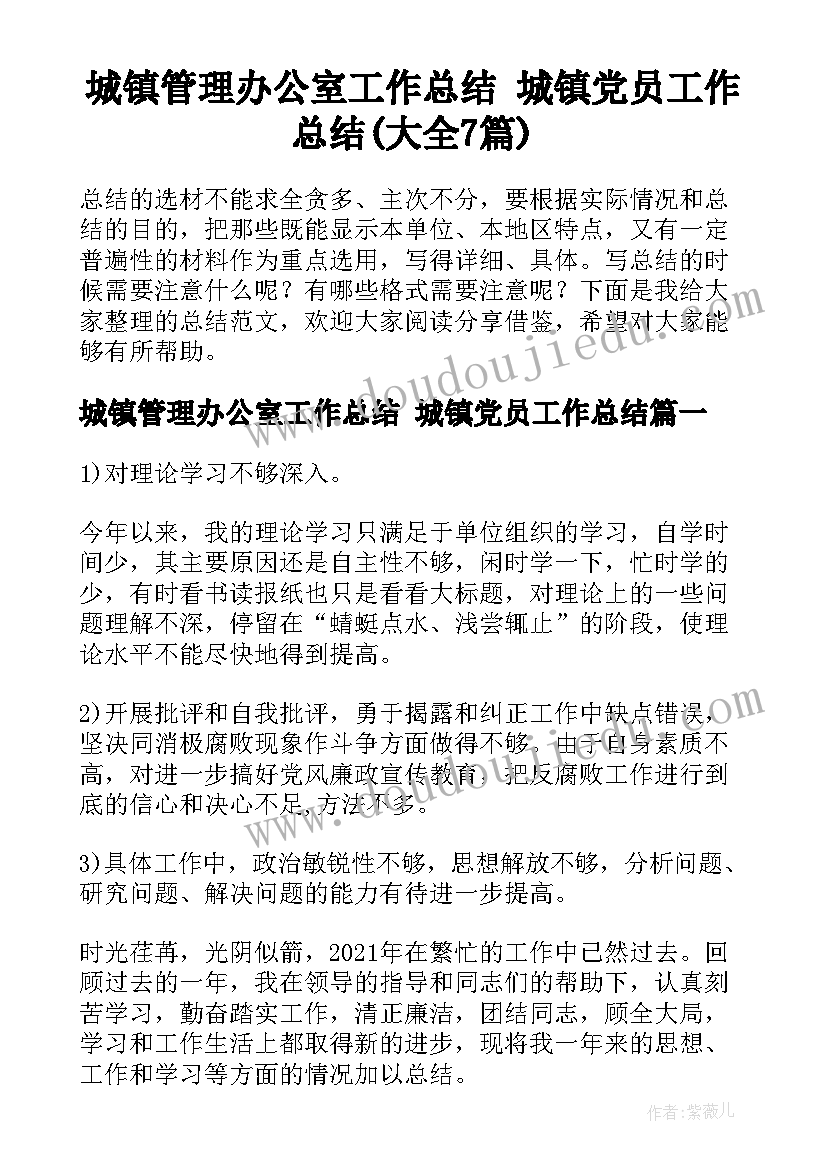 城镇管理办公室工作总结 城镇党员工作总结(大全7篇)