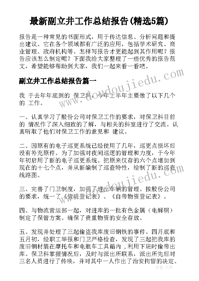 最新副立井工作总结报告(精选5篇)