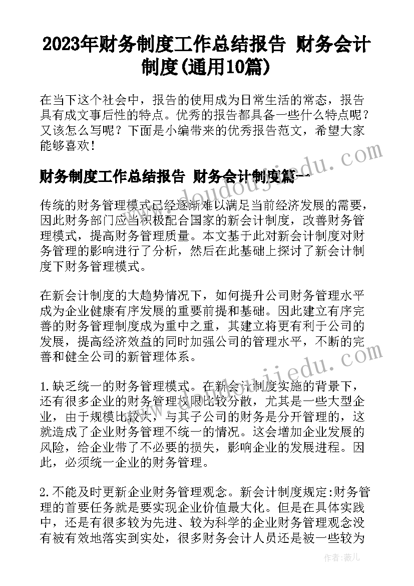 2023年财务制度工作总结报告 财务会计制度(通用10篇)