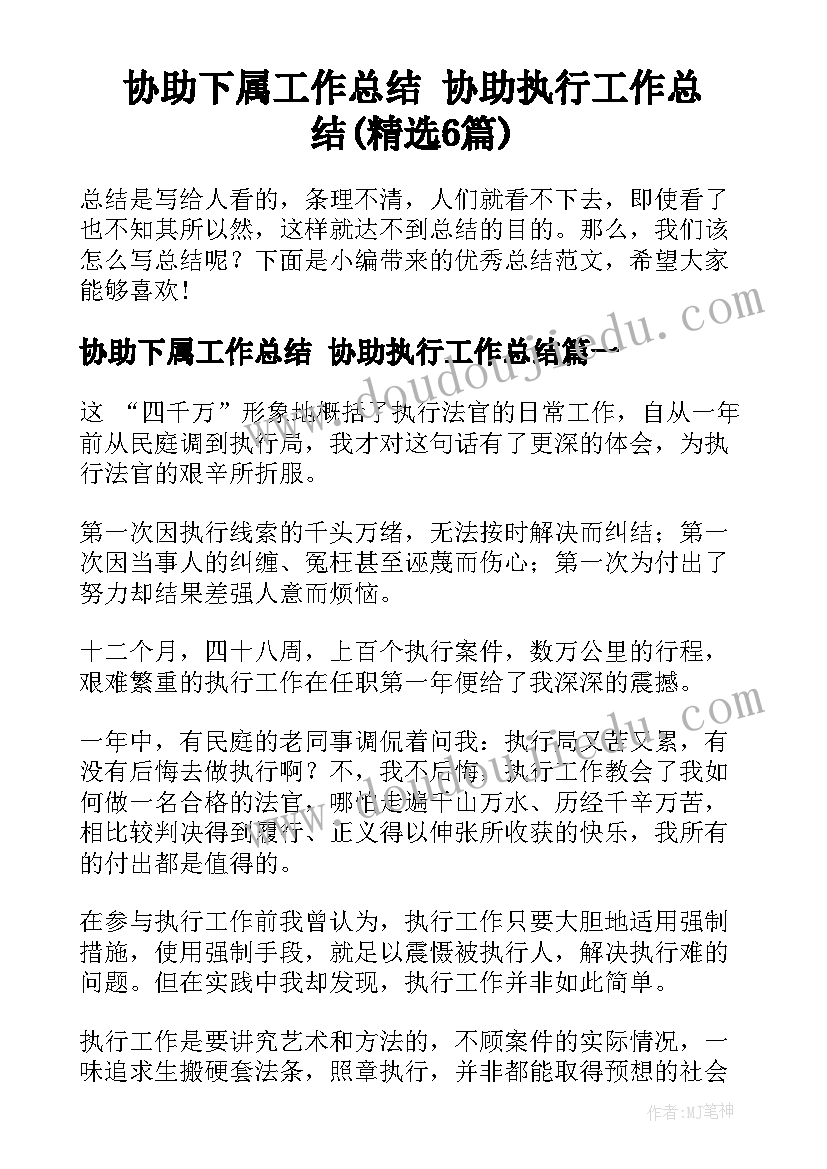 协助下属工作总结 协助执行工作总结(精选6篇)