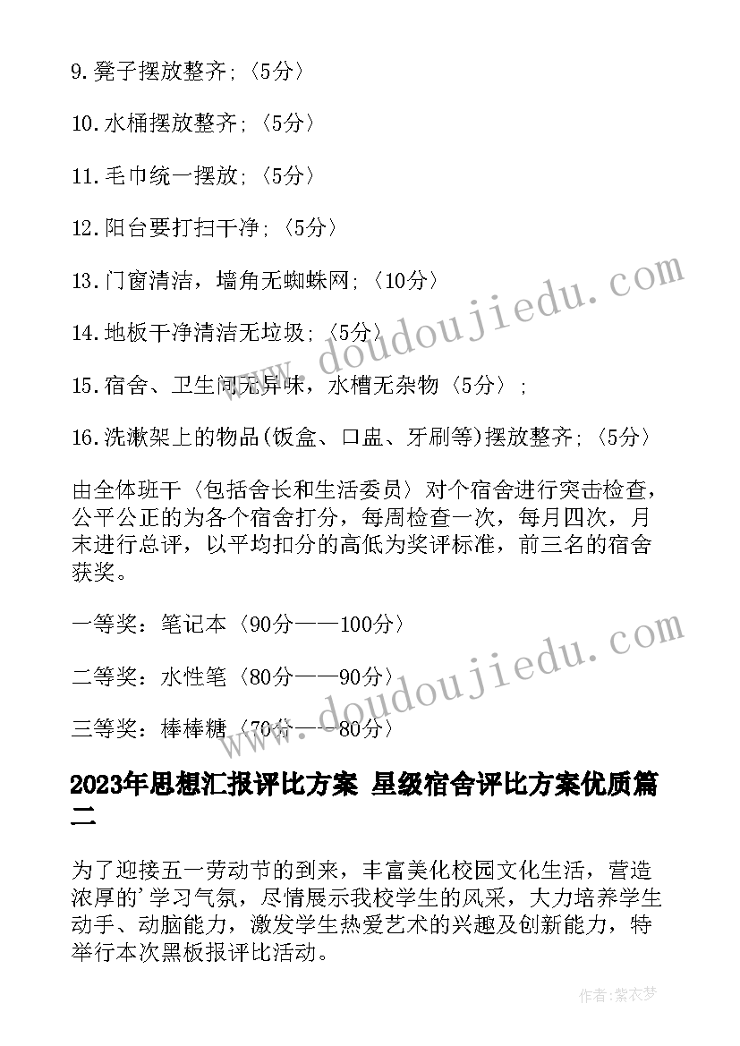 最新思想汇报评比方案 星级宿舍评比方案(实用8篇)