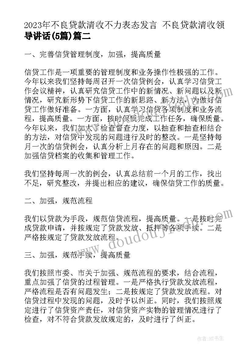 2023年不良贷款清收不力表态发言 不良贷款清收领导讲话(模板5篇)