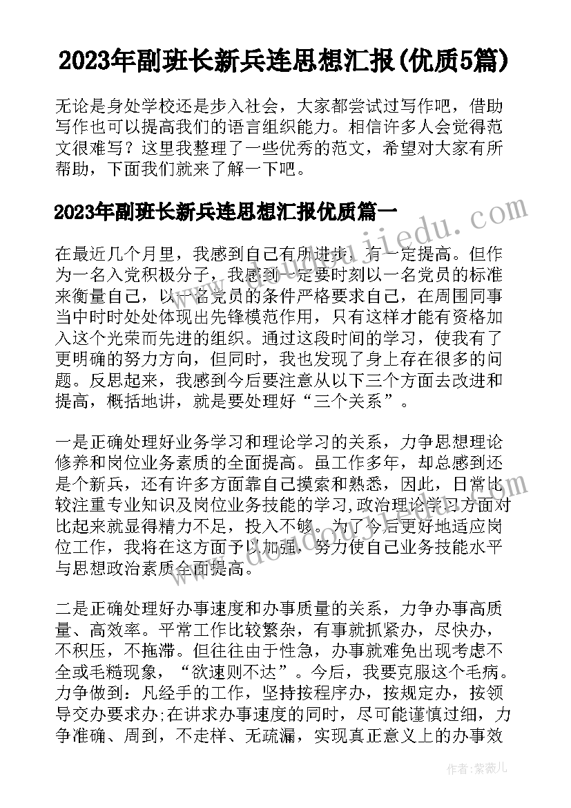 2023年副班长新兵连思想汇报(优质5篇)