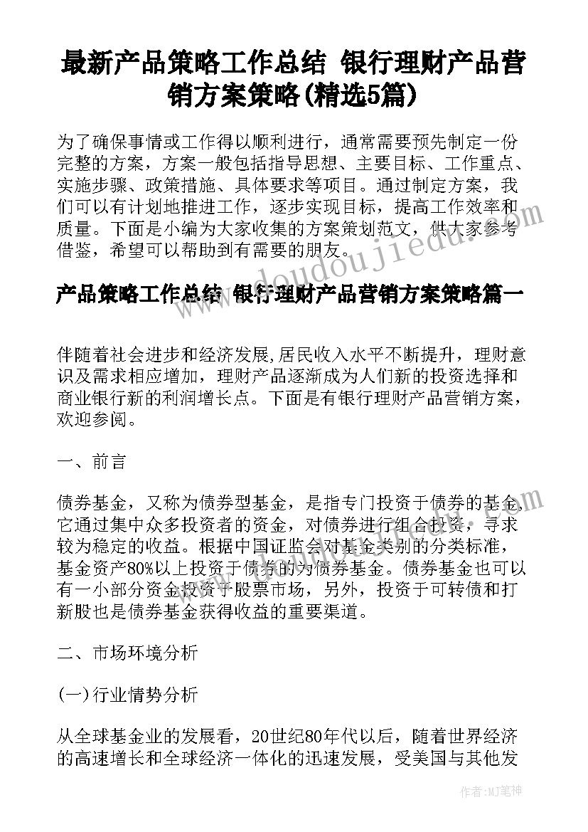 最新产品策略工作总结 银行理财产品营销方案策略(精选5篇)