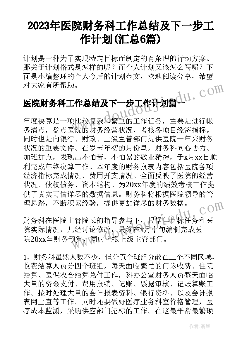 2023年医院财务科工作总结及下一步工作计划(汇总6篇)