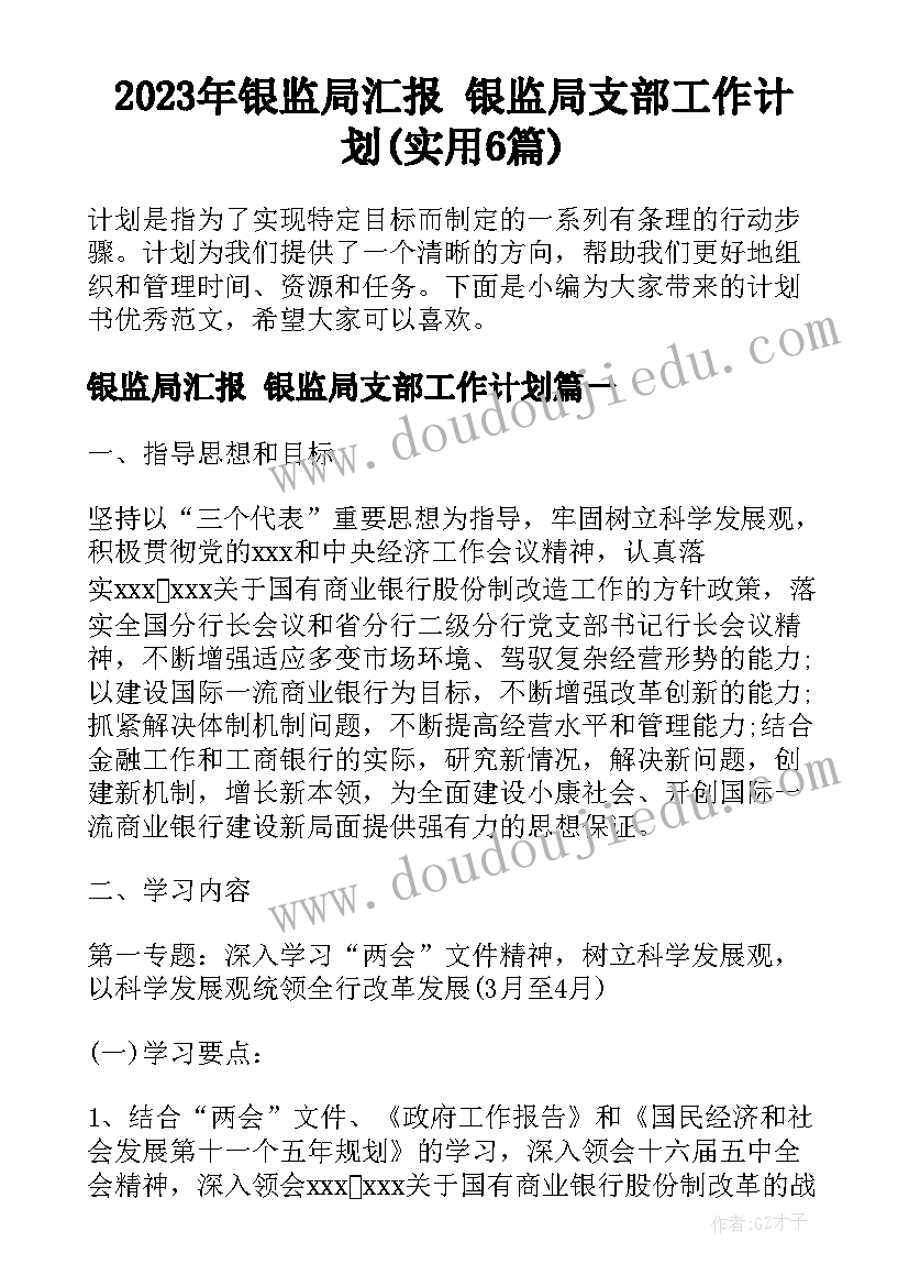 2023年银监局汇报 银监局支部工作计划(实用6篇)