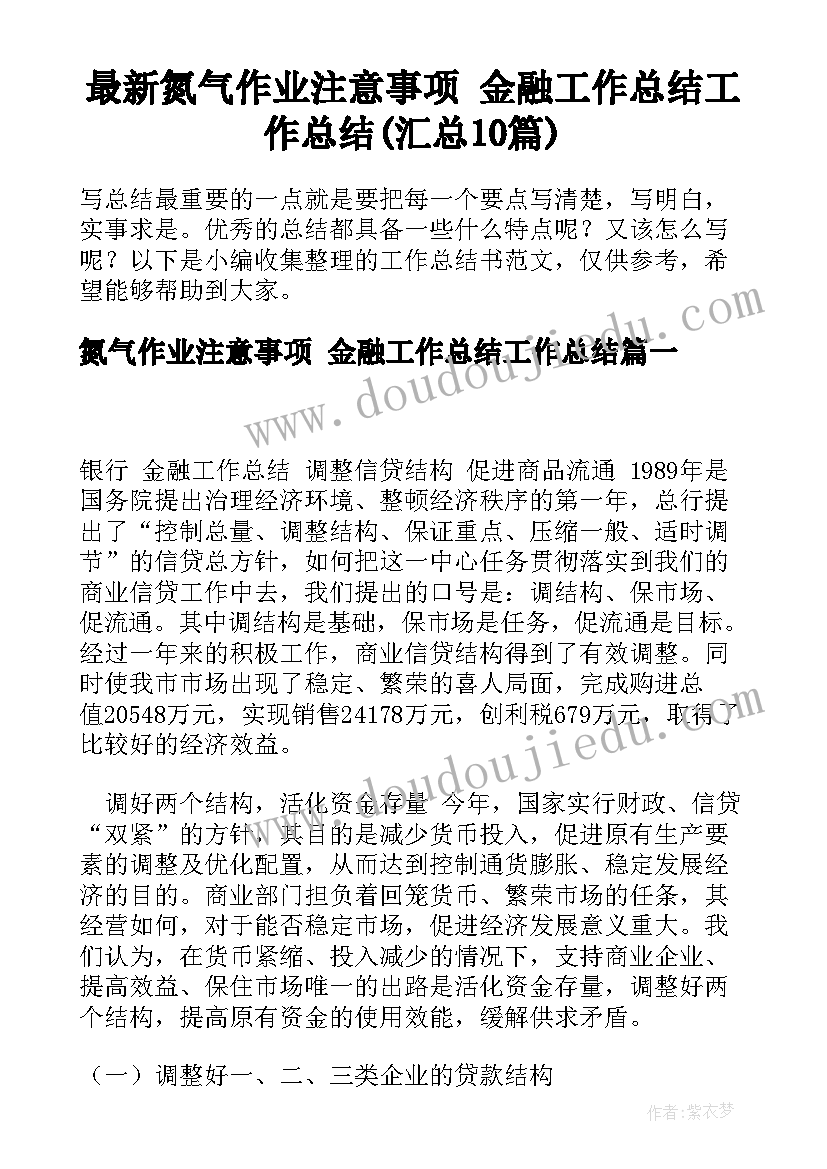 最新氮气作业注意事项 金融工作总结工作总结(汇总10篇)