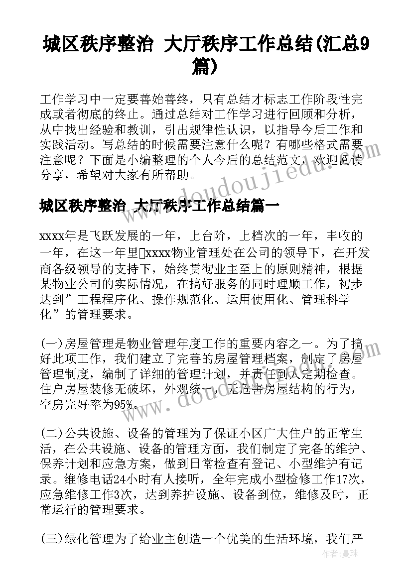 城区秩序整治 大厅秩序工作总结(汇总9篇)