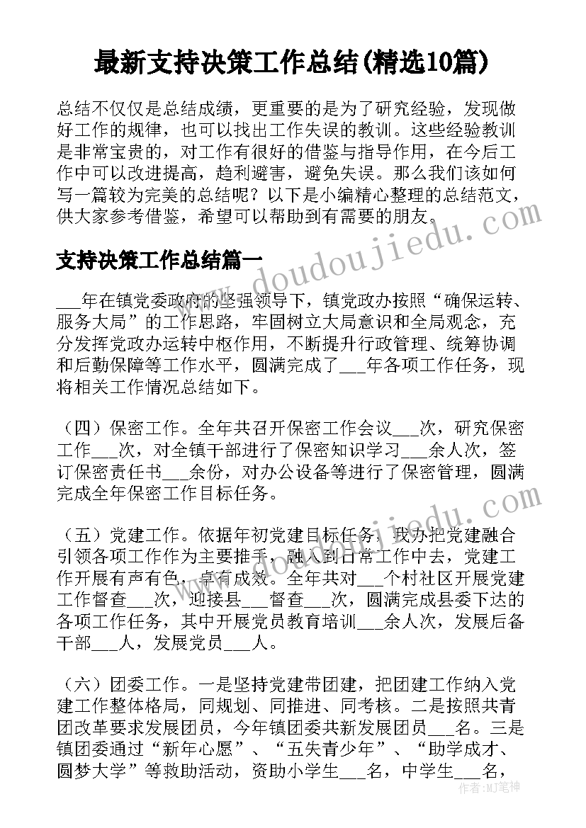 最新支持决策工作总结(精选10篇)