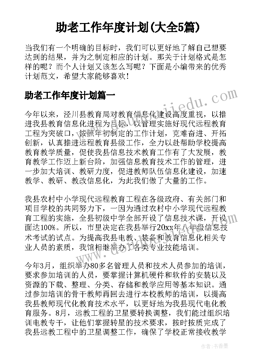 助老工作年度计划(大全5篇)