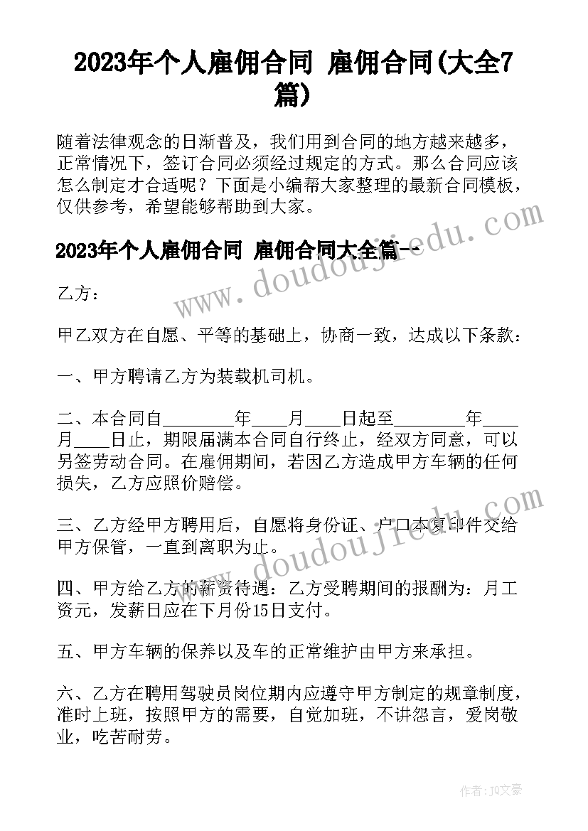 2023年个人雇佣合同 雇佣合同(大全7篇)