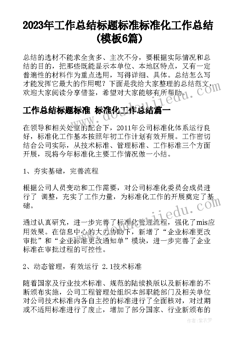 2023年工作总结标题标准 标准化工作总结(模板6篇)