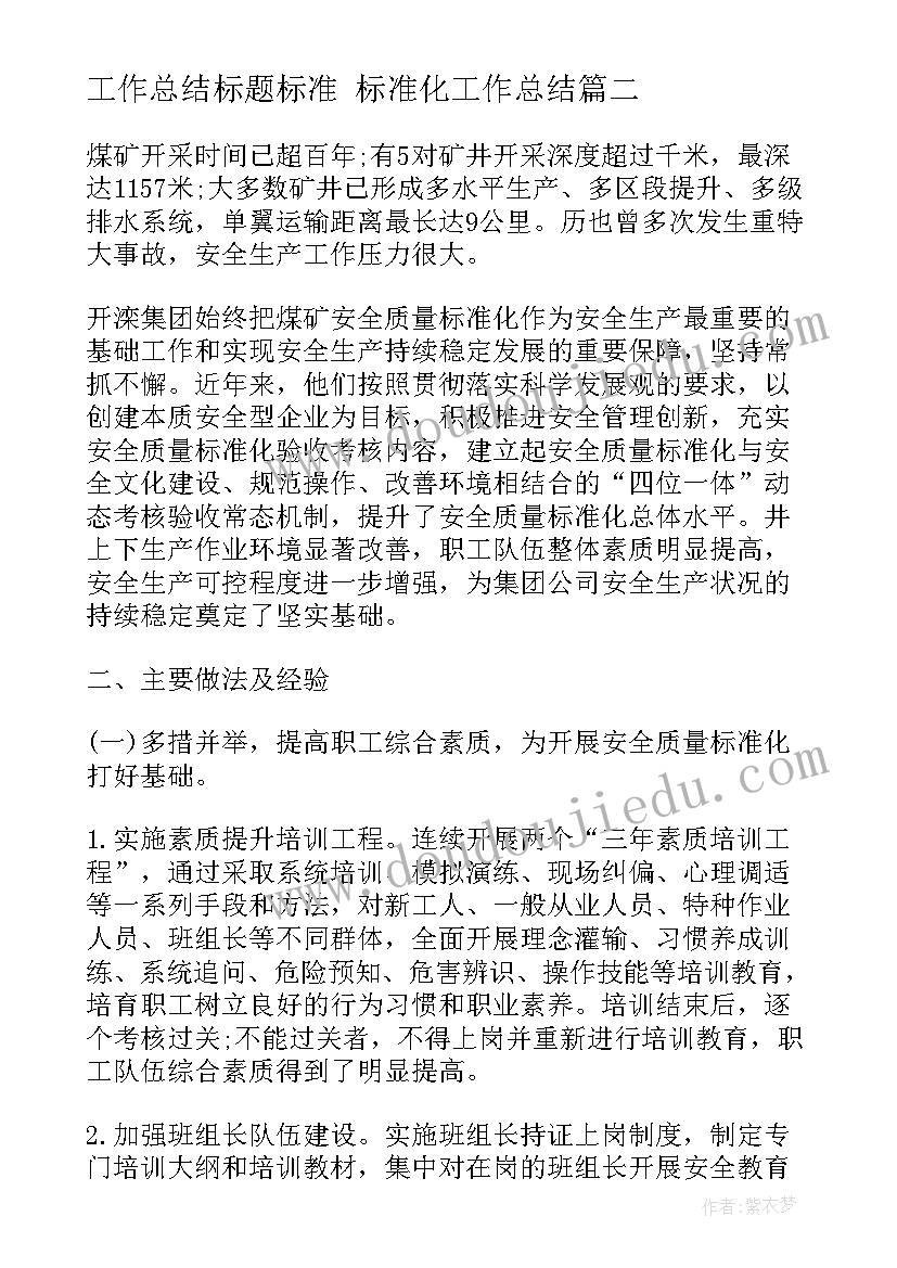 2023年工作总结标题标准 标准化工作总结(模板6篇)